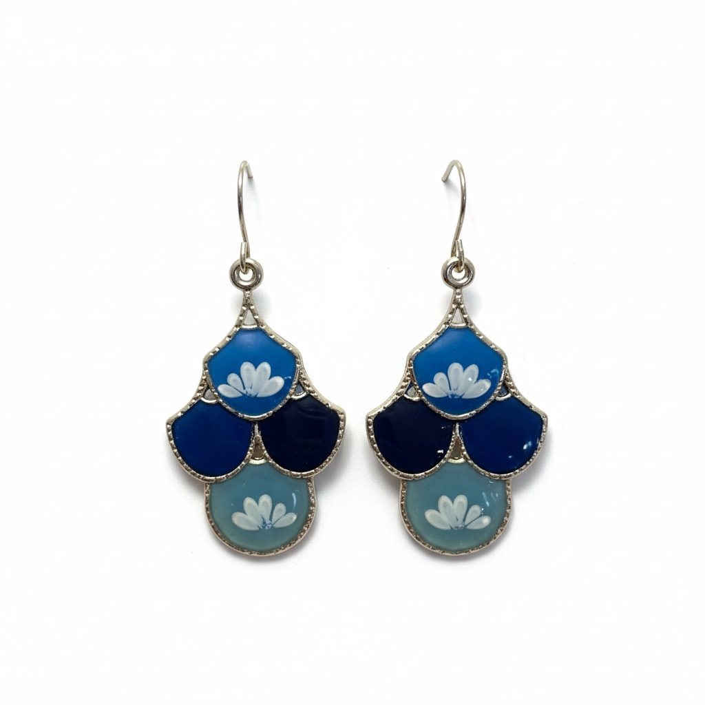 Blue Floral Dangle Earrings | Porcelain Style Resin Flower Earrings | Vintage Inspired Blue and White Jewelry | Lightweight Gold Tone Statement Earrings