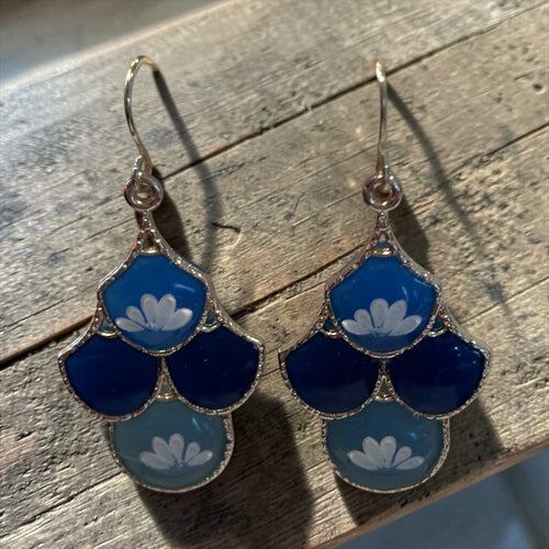 Blue Floral Dangle Earrings | Porcelain Style Resin Flower Earrings | Vintage Inspired Blue and White Jewelry | Lightweight Gold Tone Statement Earrings