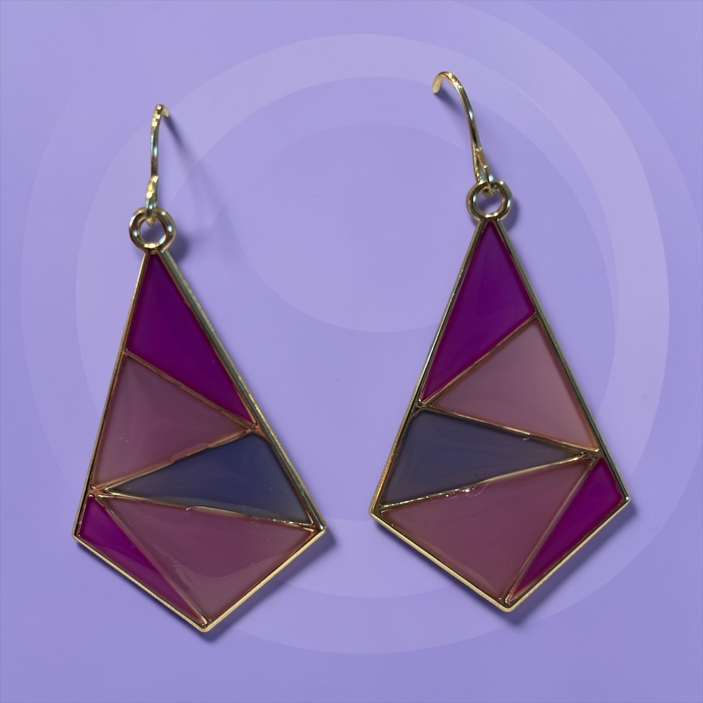 Pink and Purple Geometric Dangle Earrings | Color Block Statement Earrings | Modern Triangle Earrings | Gold Tone Stained Glass Style Jewelry | Bold Pink Drop Earrings