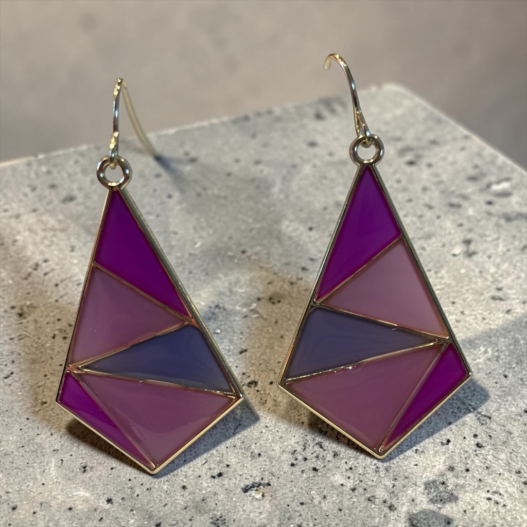 Pink and Purple Geometric Dangle Earrings | Color Block Statement Earrings | Modern Triangle Earrings | Gold Tone Stained Glass Style Jewelry | Bold Pink Drop Earrings