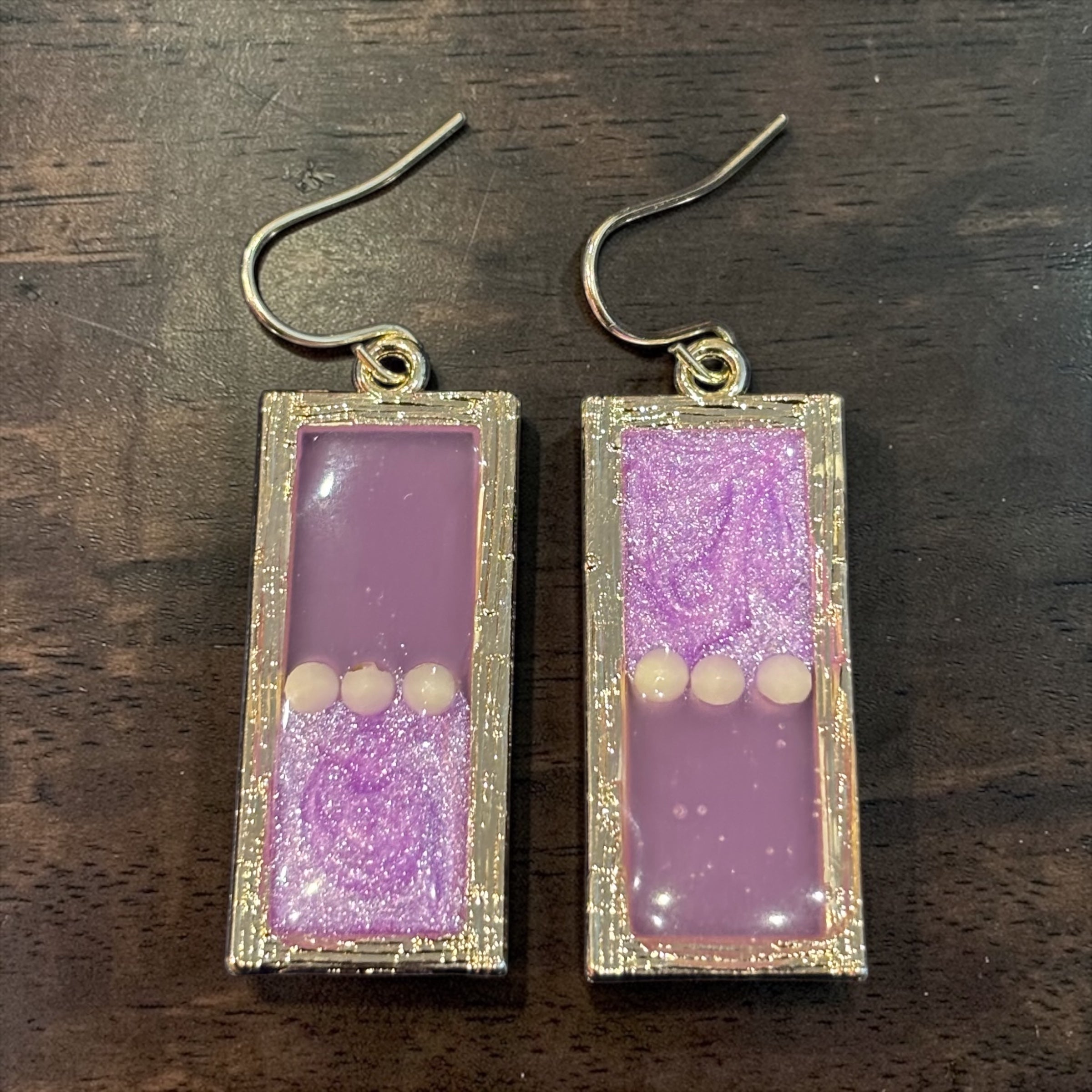 Pink Resin Petri Dangle Earrings, Lavender Glitter Rectangle Earrings, Gold Frame Statement Earrings, Handmade Style Jewelry Gift