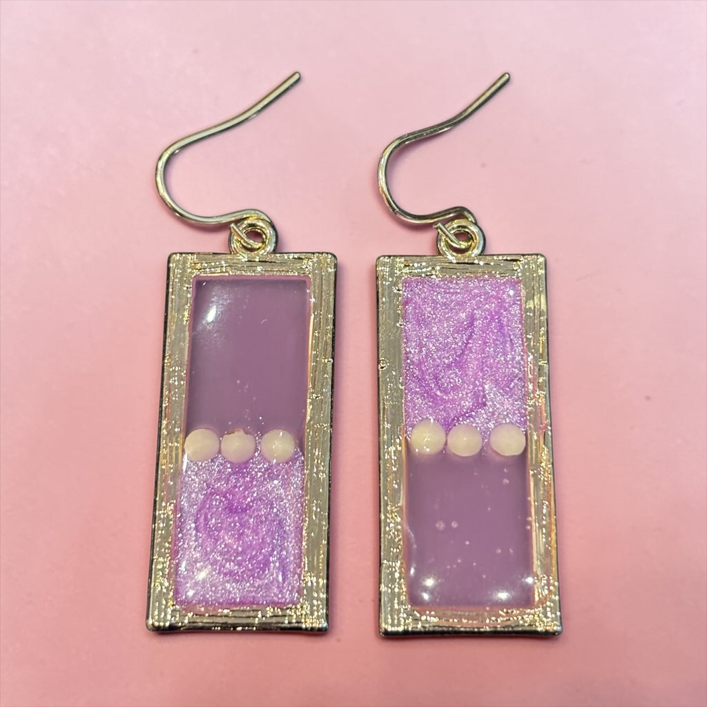 Pink Resin Petri Dangle Earrings, Lavender Glitter Rectangle Earrings, Gold Frame Statement Earrings, Handmade Style Jewelry Gift