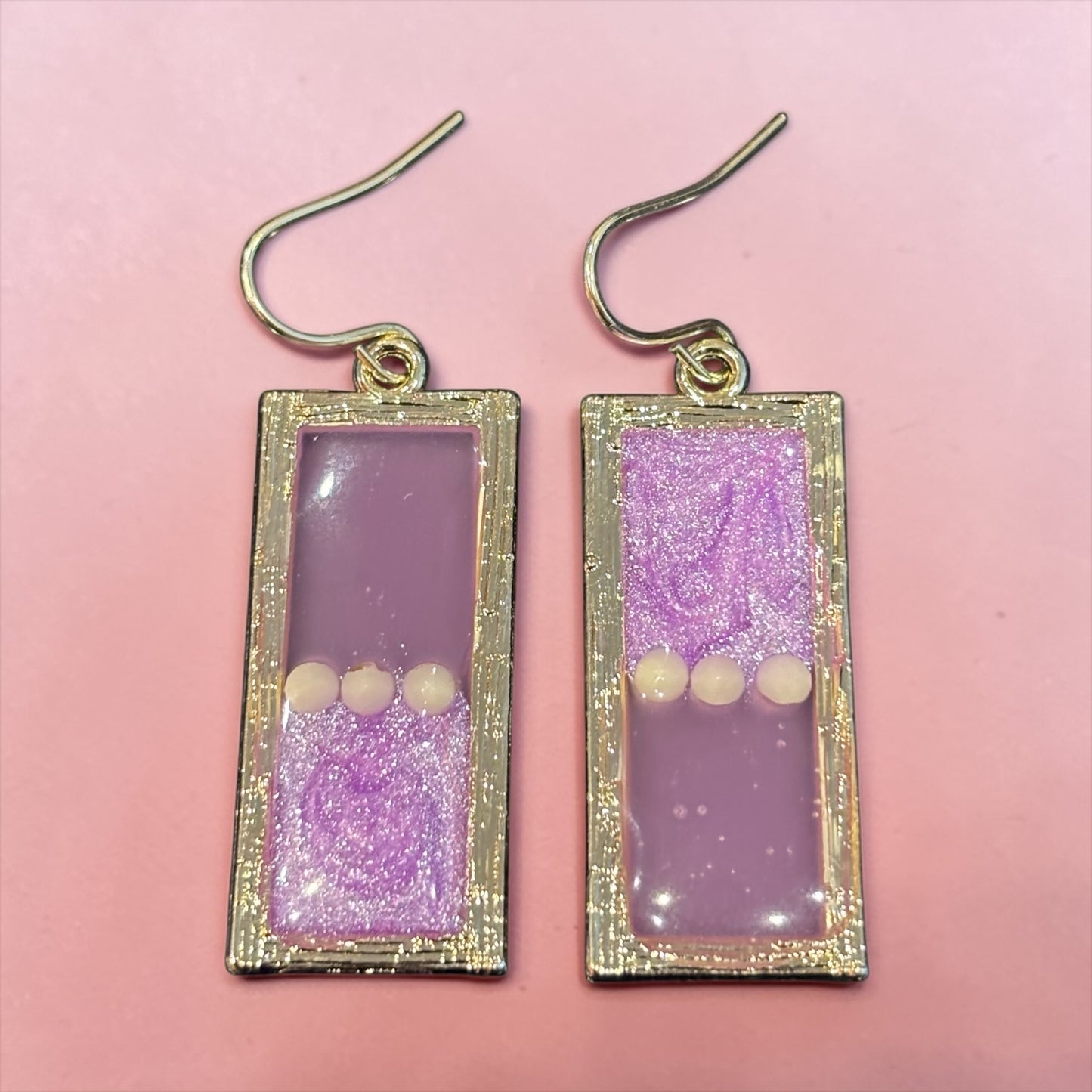 Pink Resin Petri Dangle Earrings, Lavender Glitter Rectangle Earrings, Gold Frame Statement Earrings, Handmade Style Jewelry Gift