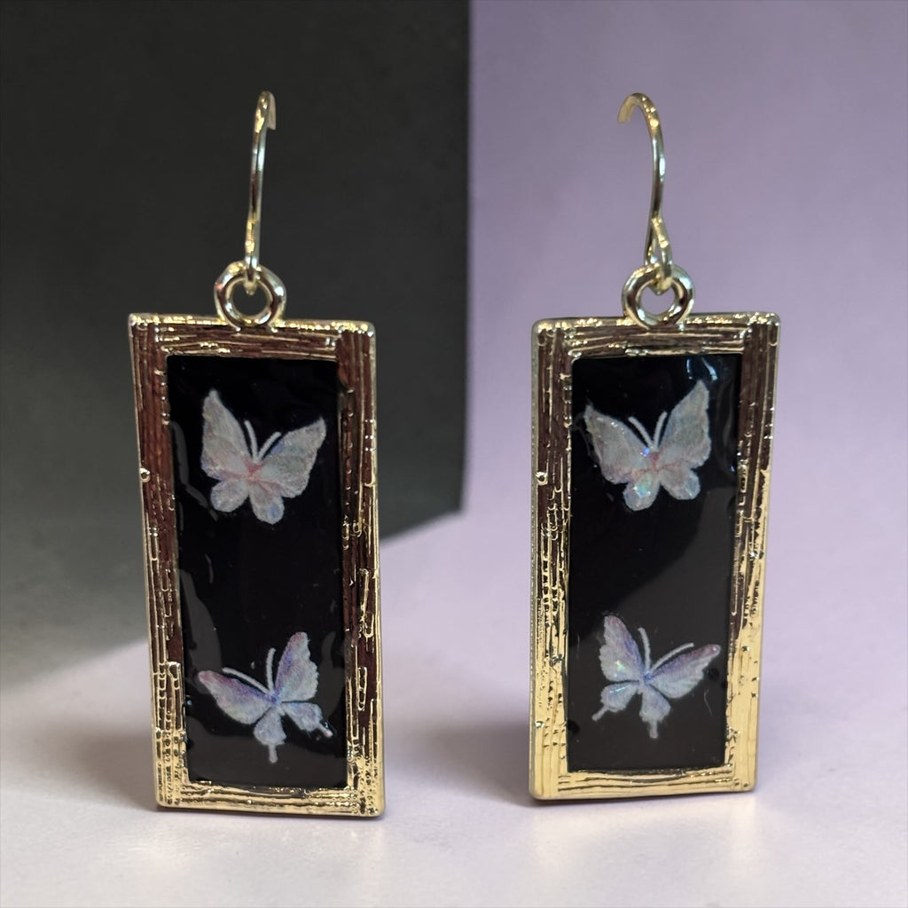 Iridescent Butterfly Dangle Earrings, Black Resin Butterfly Jewelry, Gold Frame Rectangle Earrings, Nature Inspired Statement Earrings