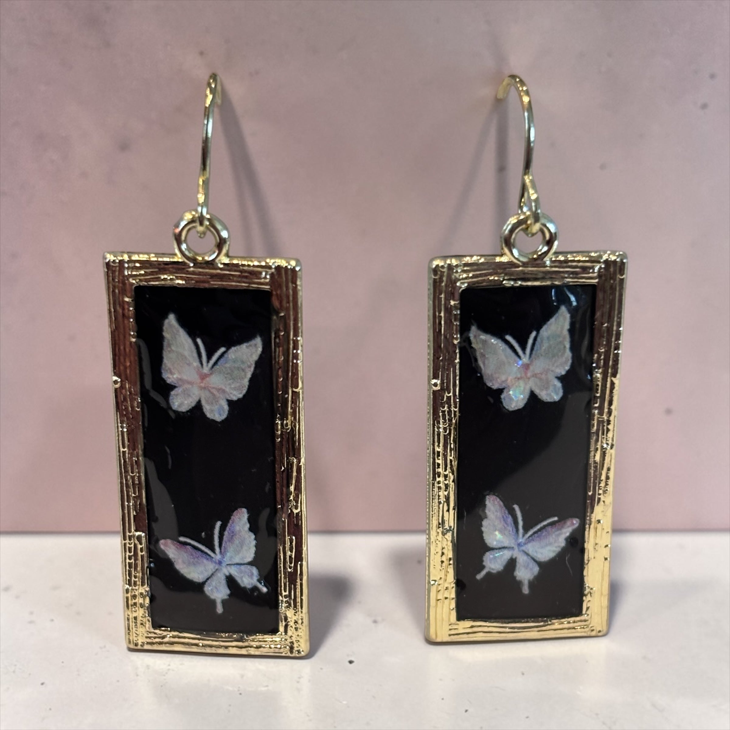 Iridescent Butterfly Dangle Earrings, Black Resin Butterfly Jewelry, Gold Frame Rectangle Earrings, Nature Inspired Statement Earrings