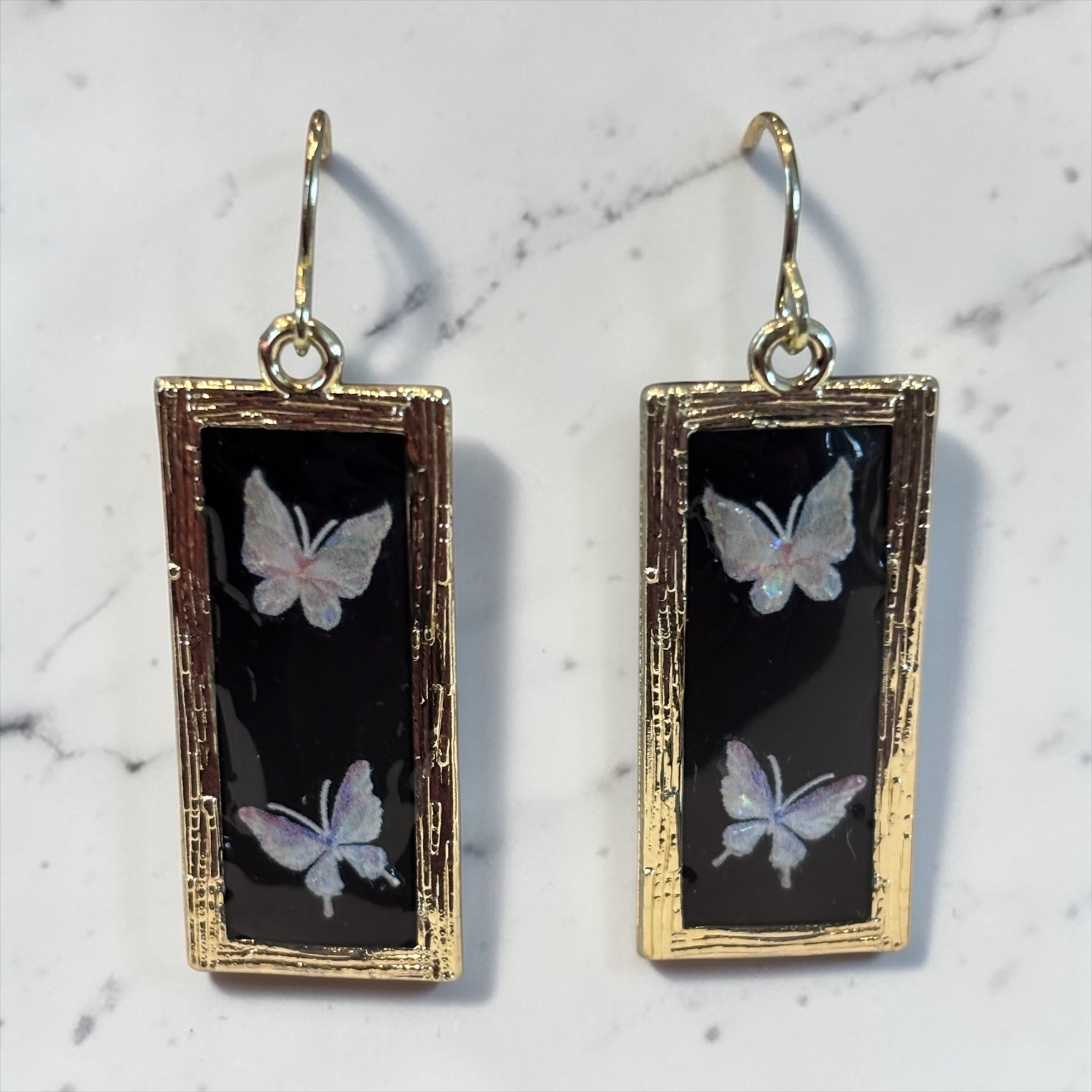 Iridescent Butterfly Dangle Earrings, Black Resin Butterfly Jewelry, Gold Frame Rectangle Earrings, Nature Inspired Statement Earrings
