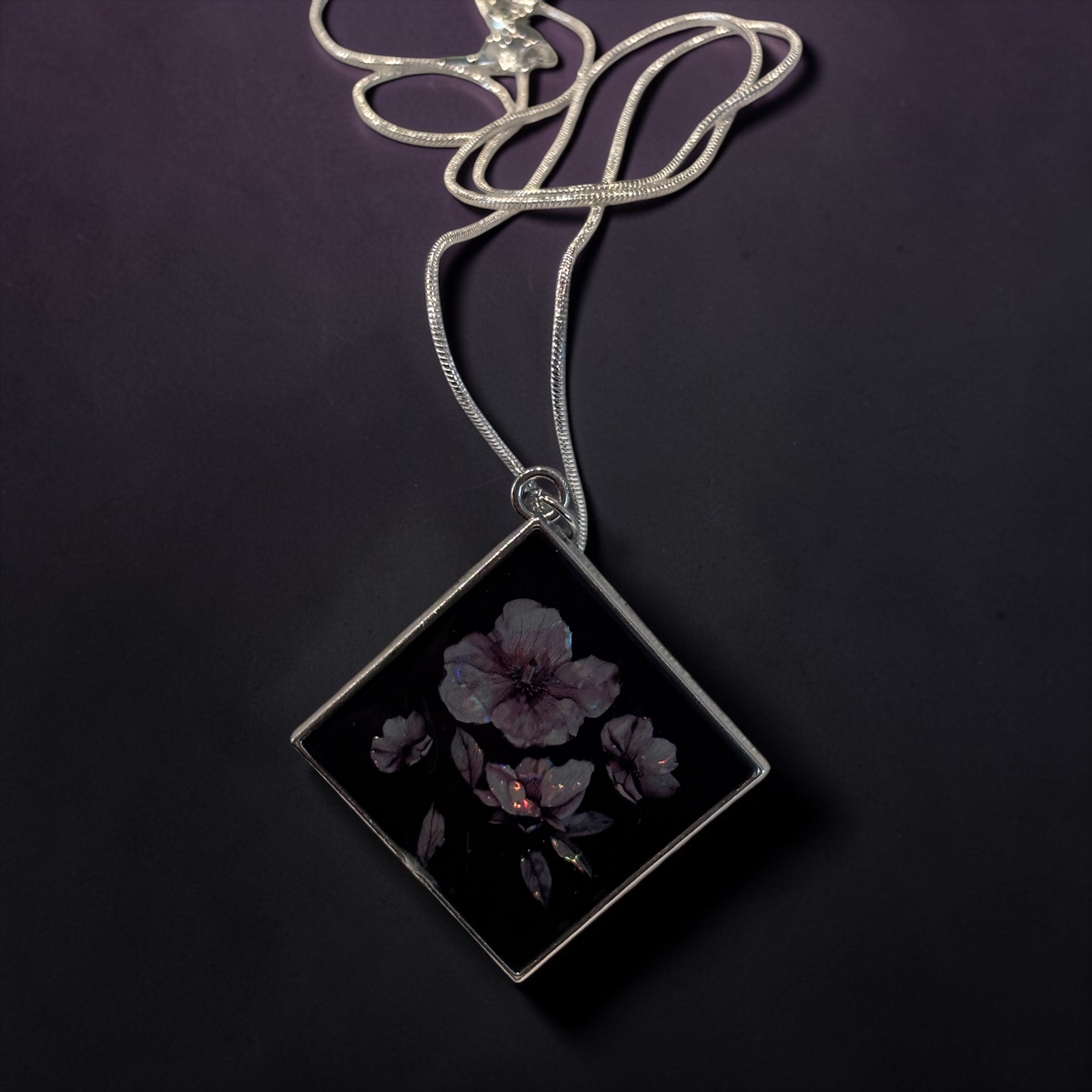 Pressed Flower Look Resin Pendant Necklace, Iridescent Floral Jewelry, Black Botanical Pendant, Silver Snake Chain Necklace Gift