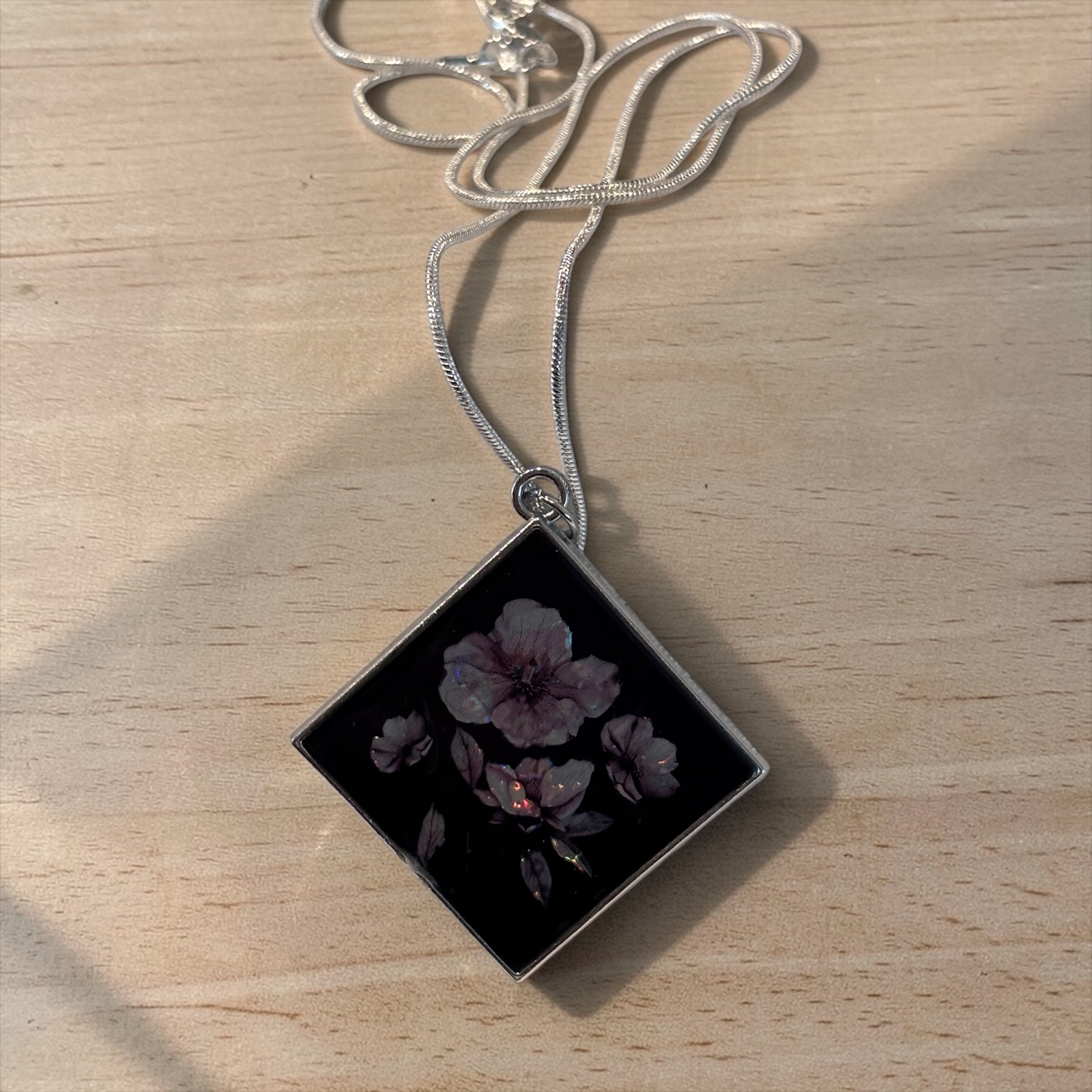 Pressed Flower Look Resin Pendant Necklace, Iridescent Floral Jewelry, Black Botanical Pendant, Silver Snake Chain Necklace Gift
