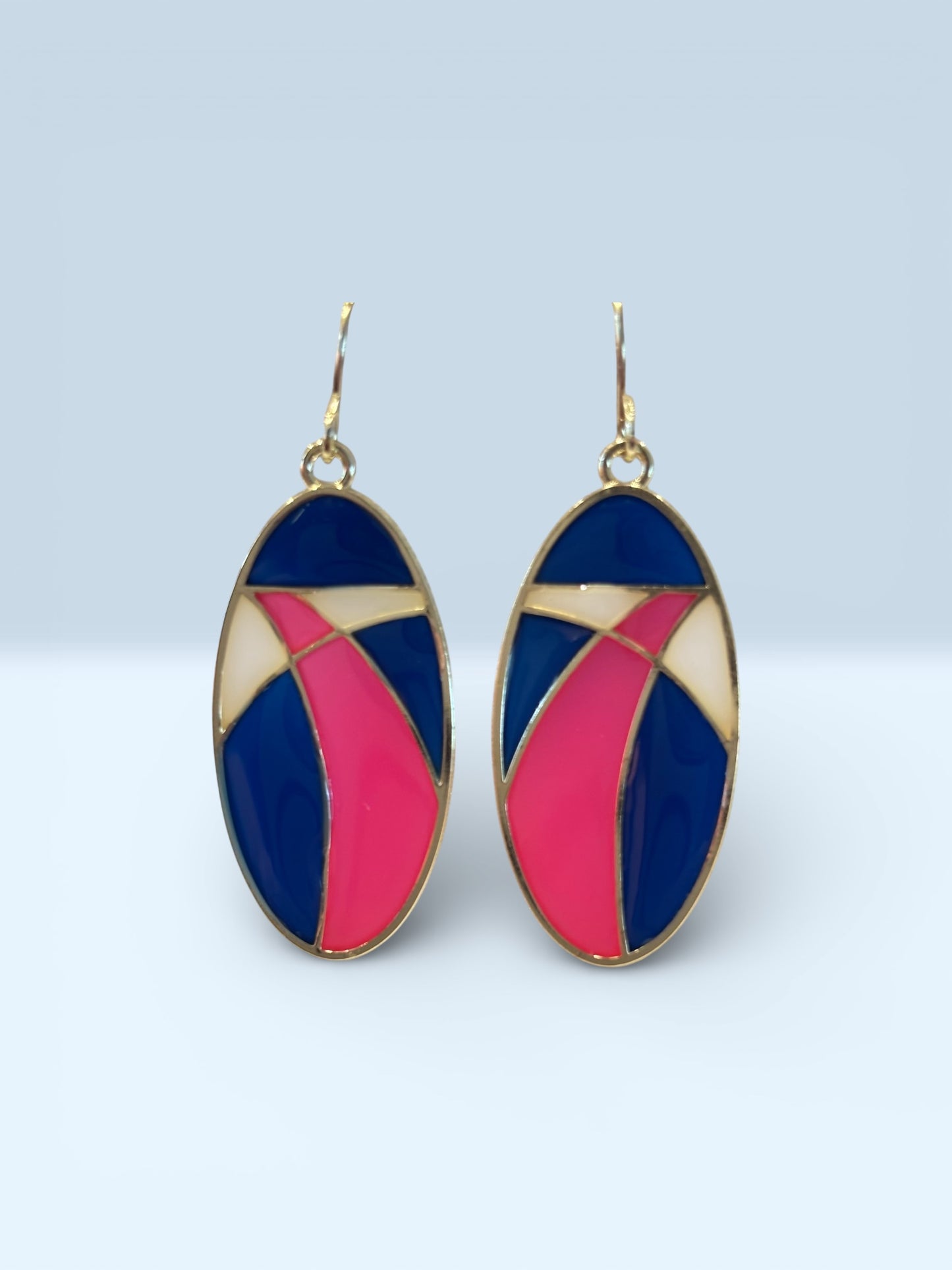 Retro Color Block Oval Dangle Earrings, Red White Blue Geometric Earrings, Art Deco Inspired Statement Jewelry, Bold Modern Earrings
