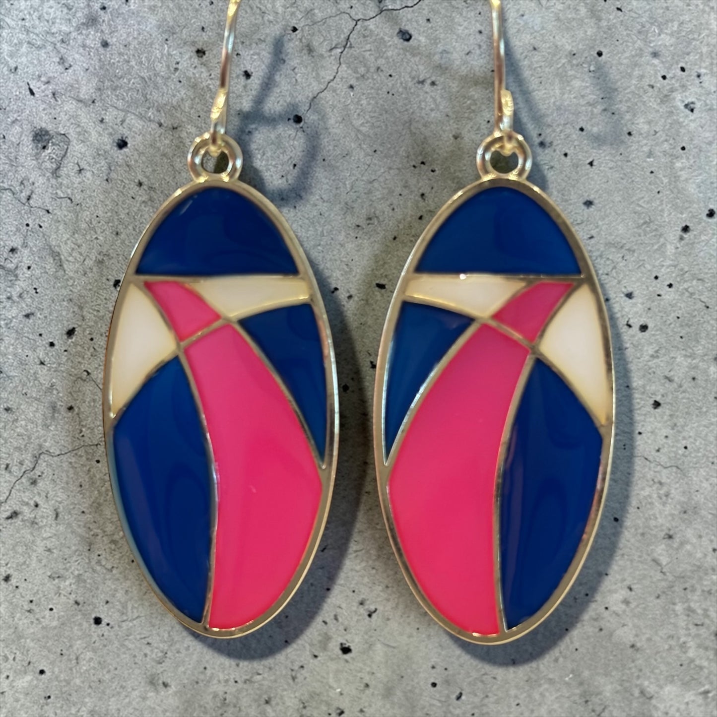 Retro Color Block Oval Dangle Earrings, Red White Blue Geometric Earrings, Art Deco Inspired Statement Jewelry, Bold Modern Earrings