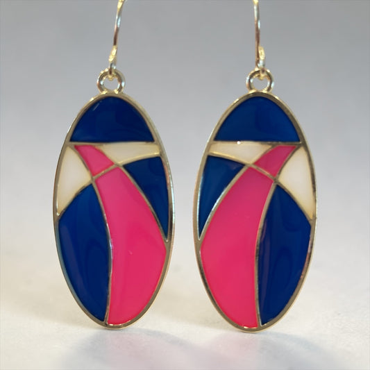 Retro Color Block Oval Dangle Earrings, Red White Blue Geometric Earrings, Art Deco Inspired Statement Jewelry, Bold Modern Earrings