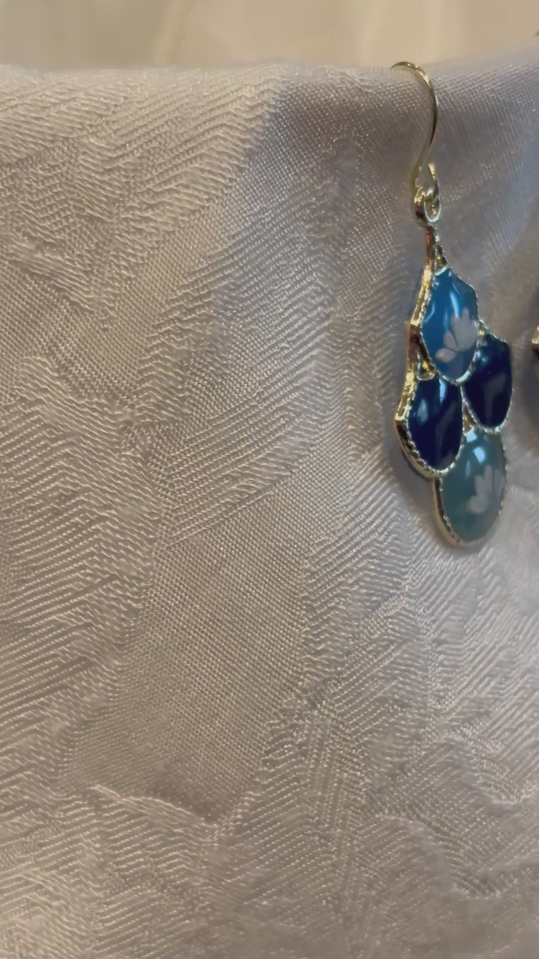 Blue Floral Dangle Earrings | Porcelain Style Resin Flower Earrings | Vintage Inspired Blue and White Jewelry | Lightweight Gold Tone Statement Earrings