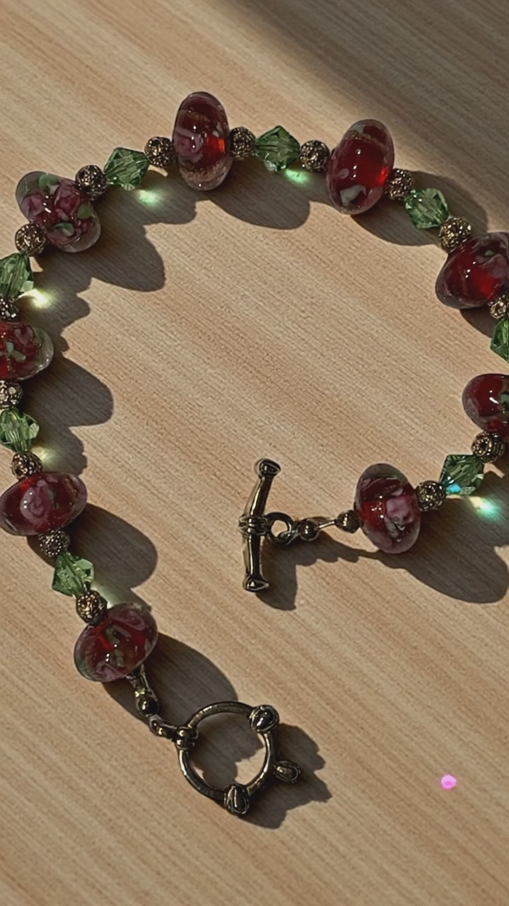 Lampwork Glass Bead Bracelet, Red Floral Glass Beads with Green Crystal Accents, Handmade Bracelet