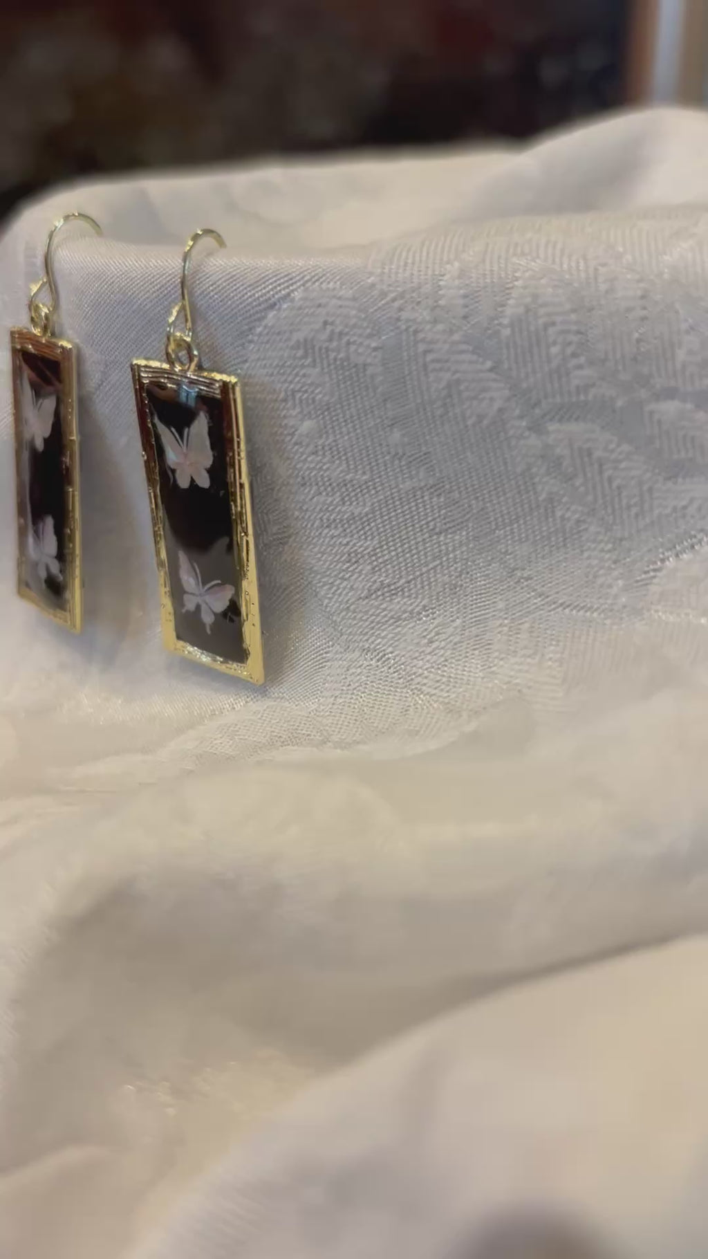 Iridescent Butterfly Dangle Earrings, Black Resin Butterfly Jewelry, Gold Frame Rectangle Earrings, Nature Inspired Statement Earrings