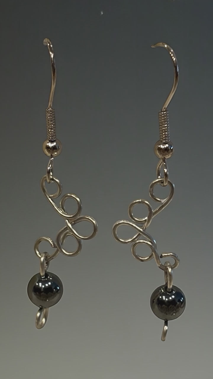 Hand Wired Hematite Dangle Earrings, Minimalist Silver Wire Earrings, Modern Artisan Jewelry, Grounding Stone Gift