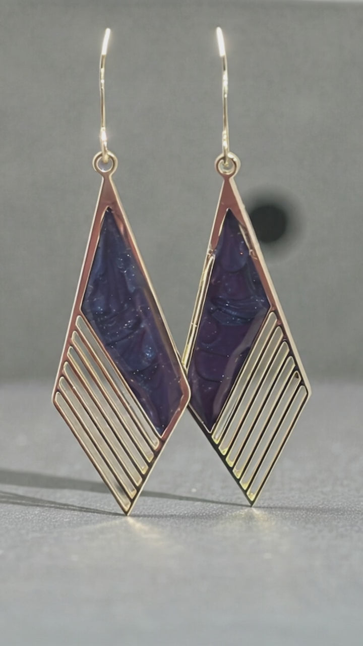 Purple Galaxy Dangle Earrings, Gold Geometric Cats Eye Resin Earrings, Celestial Statement Jewelry