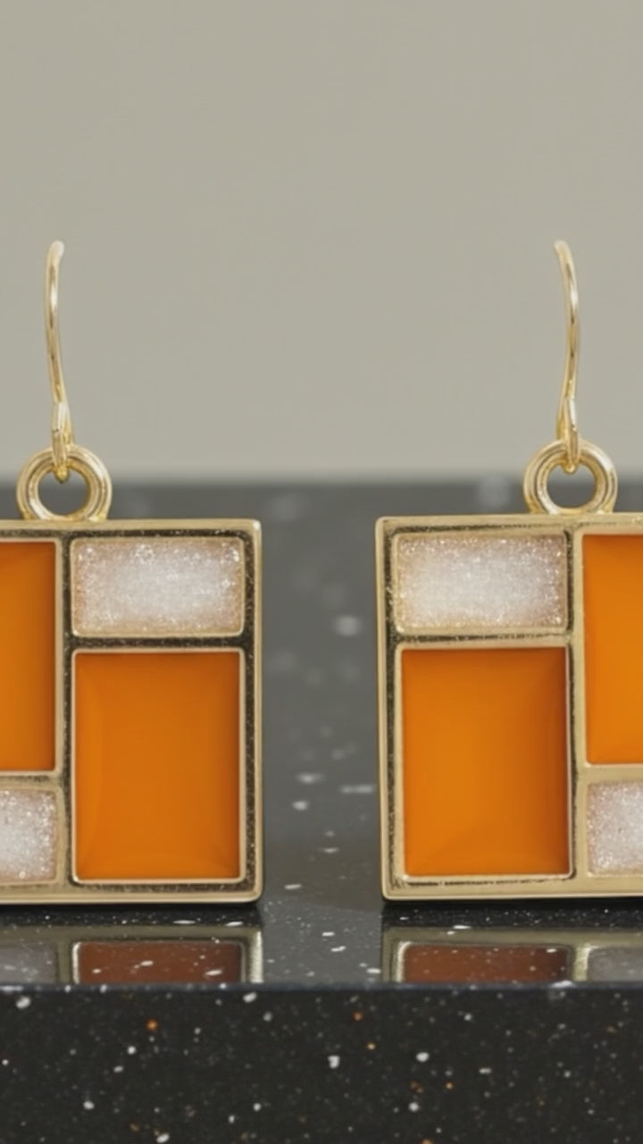 Retro Mod Orange Earrings – Gold Geometric Square Dangles