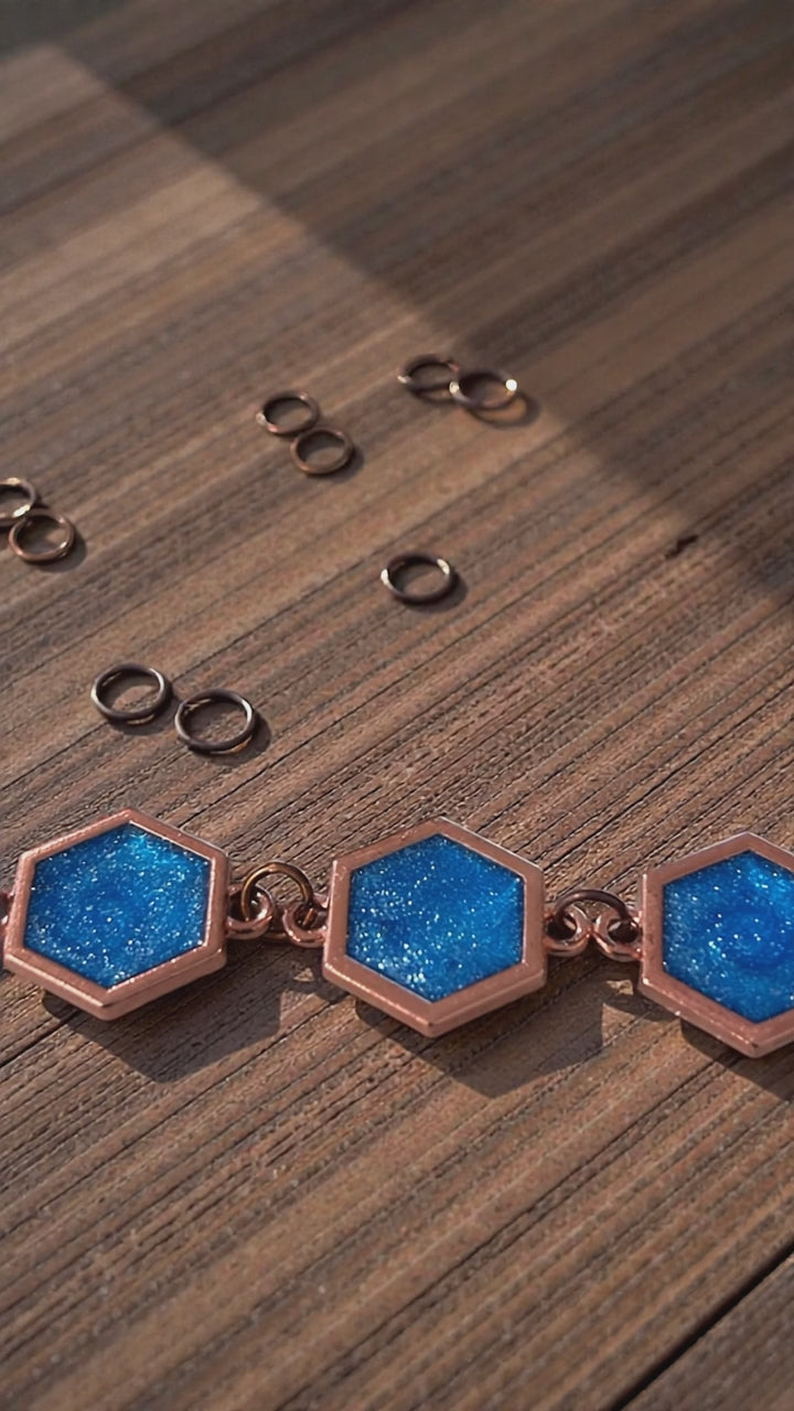 Blue Sparkle Hexagon Bracelet, Copper Geometric Link Bracelet 7.25”