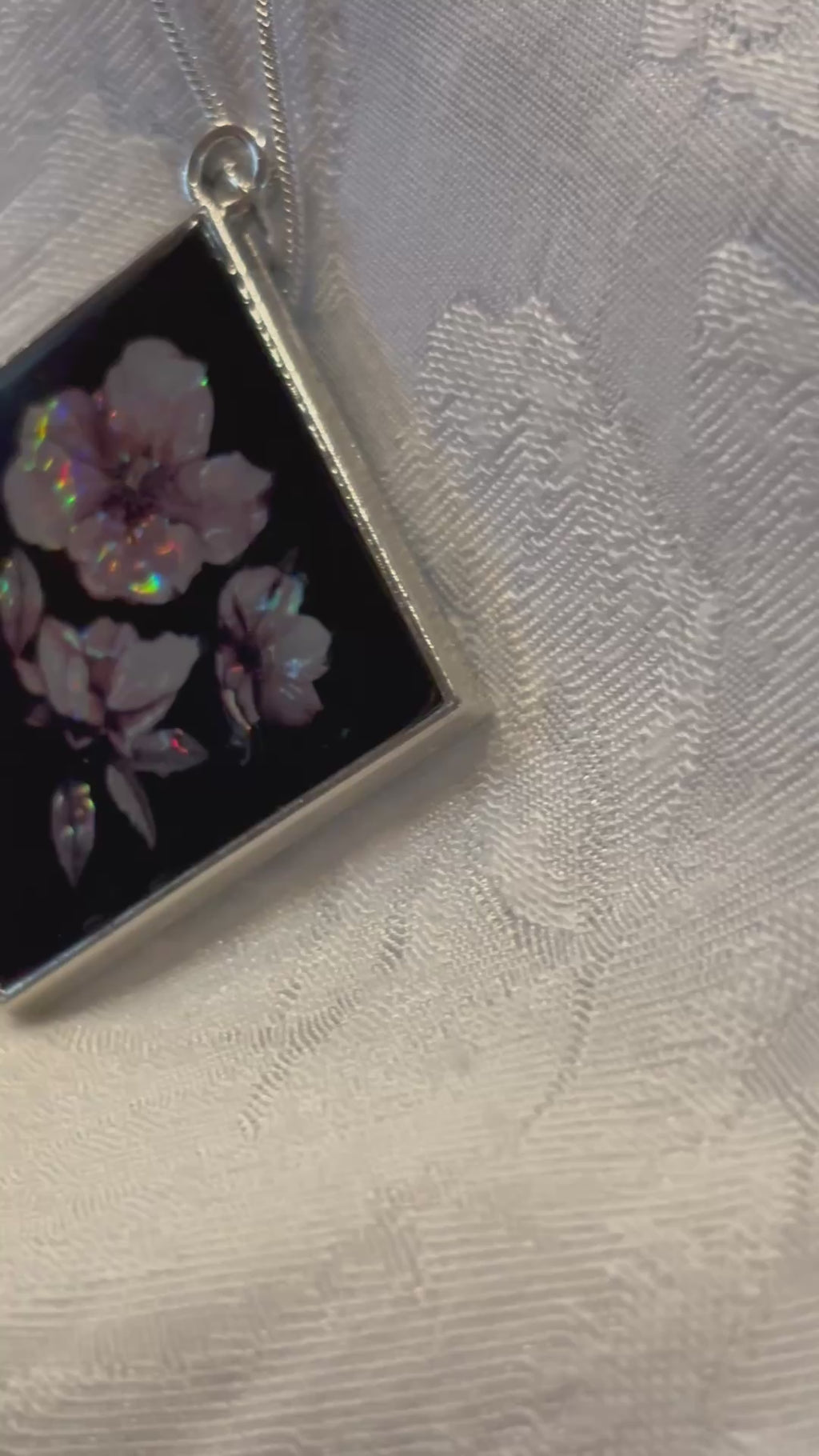 Pressed Flower Look Resin Pendant Necklace, Iridescent Floral Jewelry, Black Botanical Pendant, Silver Snake Chain Necklace Gift