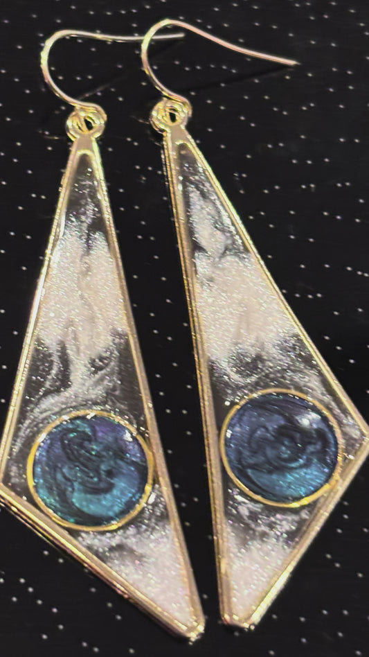 Geometric Galaxy Dangle Earrings, Celestial Statement Earrings, Long Triangle Earrings, Modern Resin Jewelry, Gold Drop Earrings