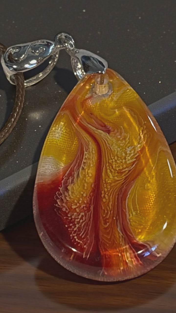 Petri Style Resin Teardrop Pendant, Amber Gold & Red Abstract Resin Necklace, One of a Kind Jewelry