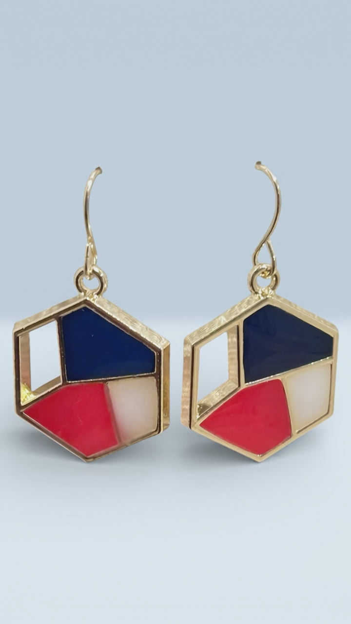 Modern Hexagon Earrings, Red White Blue Statement Dangles