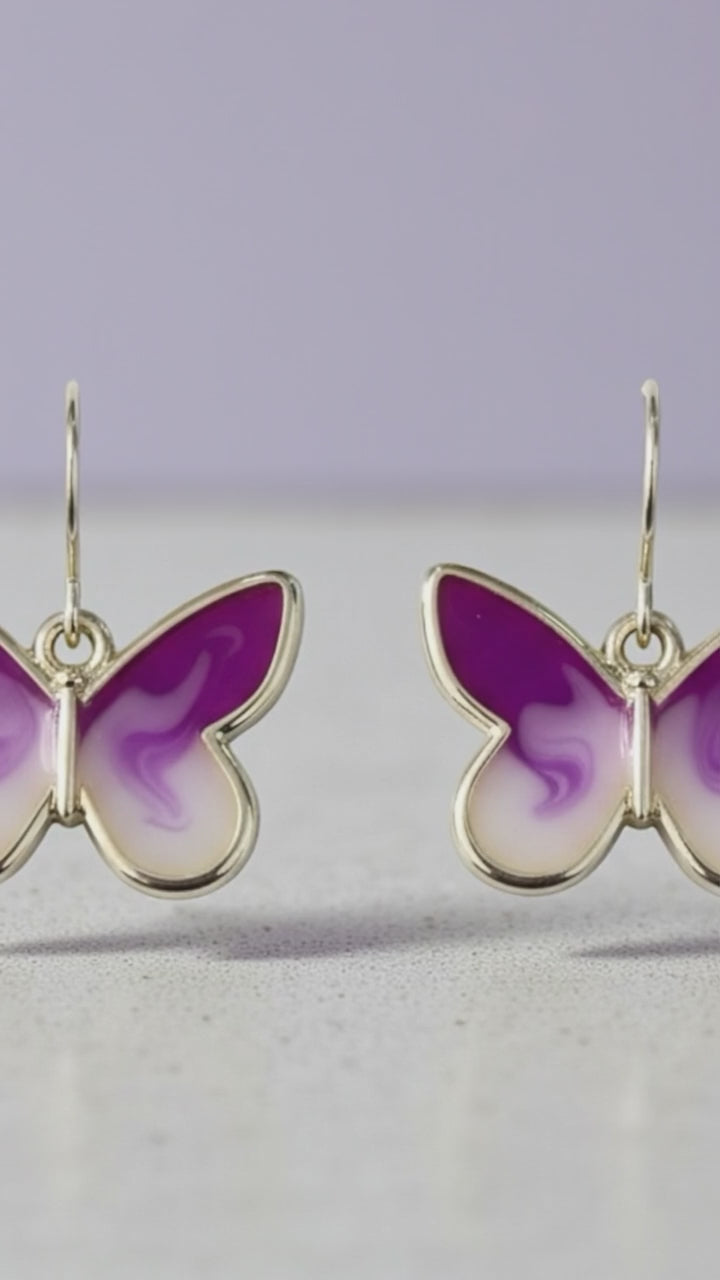 Lavender & Cream Butterfly Earrings – Gold Framed Swirl Resin Dangles