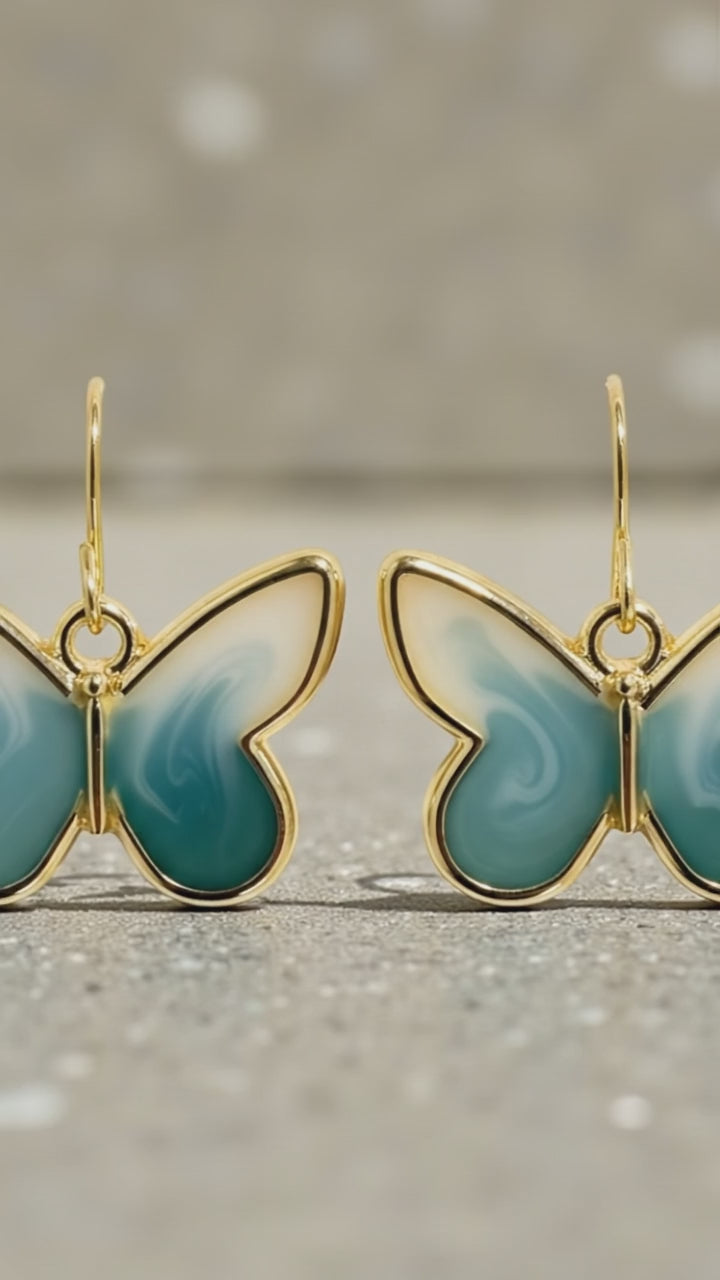 Teal & Cream Butterfly Earrings – Gold Framed Swirl Resin Dangles