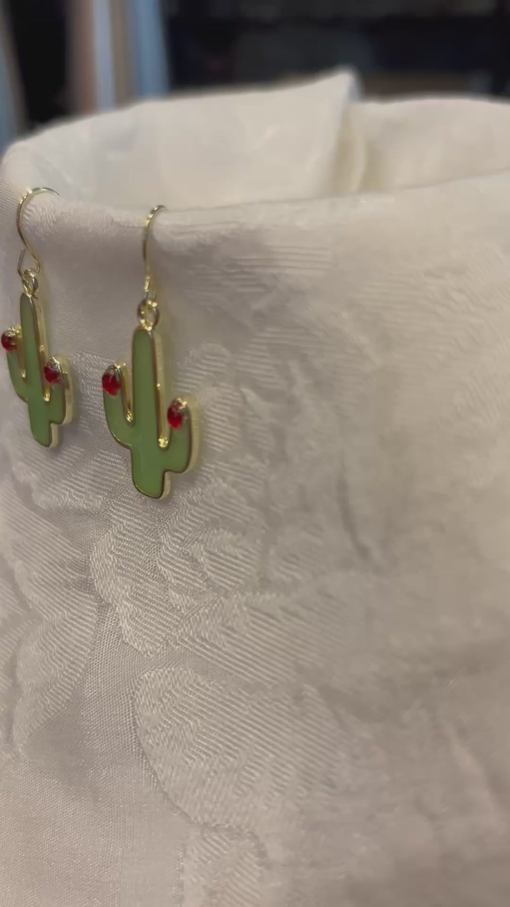 Green Cactus Dangle Earrings with Red Crystal Accent | Desert Jewelry | Southwest Style Earrings | Cute Botanical Earrings | Lightweight Gold Tone Dangles