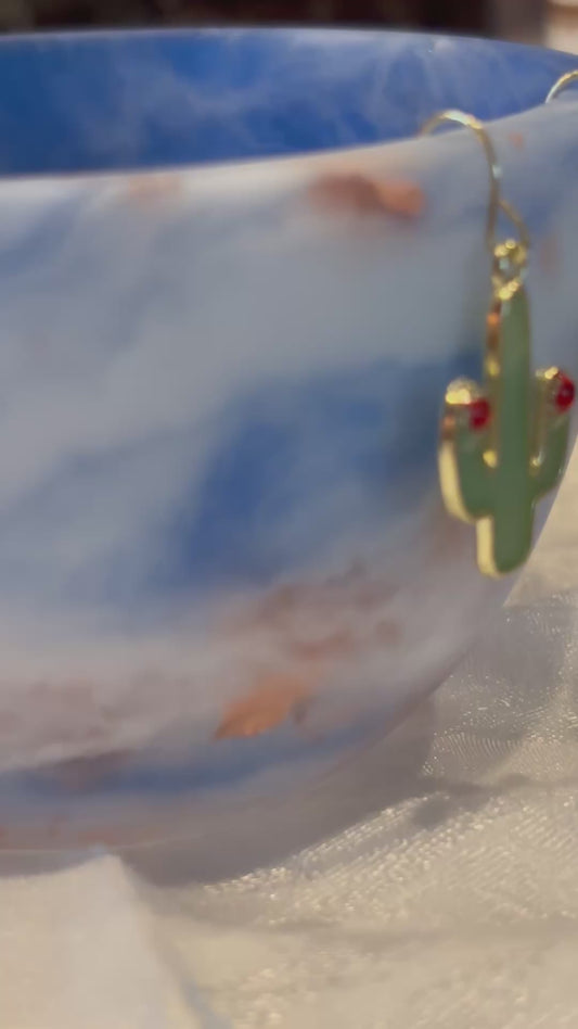 Green Cactus Dangle Earrings with Red Crystal Accent | Desert Jewelry | Southwest Style Earrings | Cute Botanical Earrings | Lightweight Gold Tone Dangles