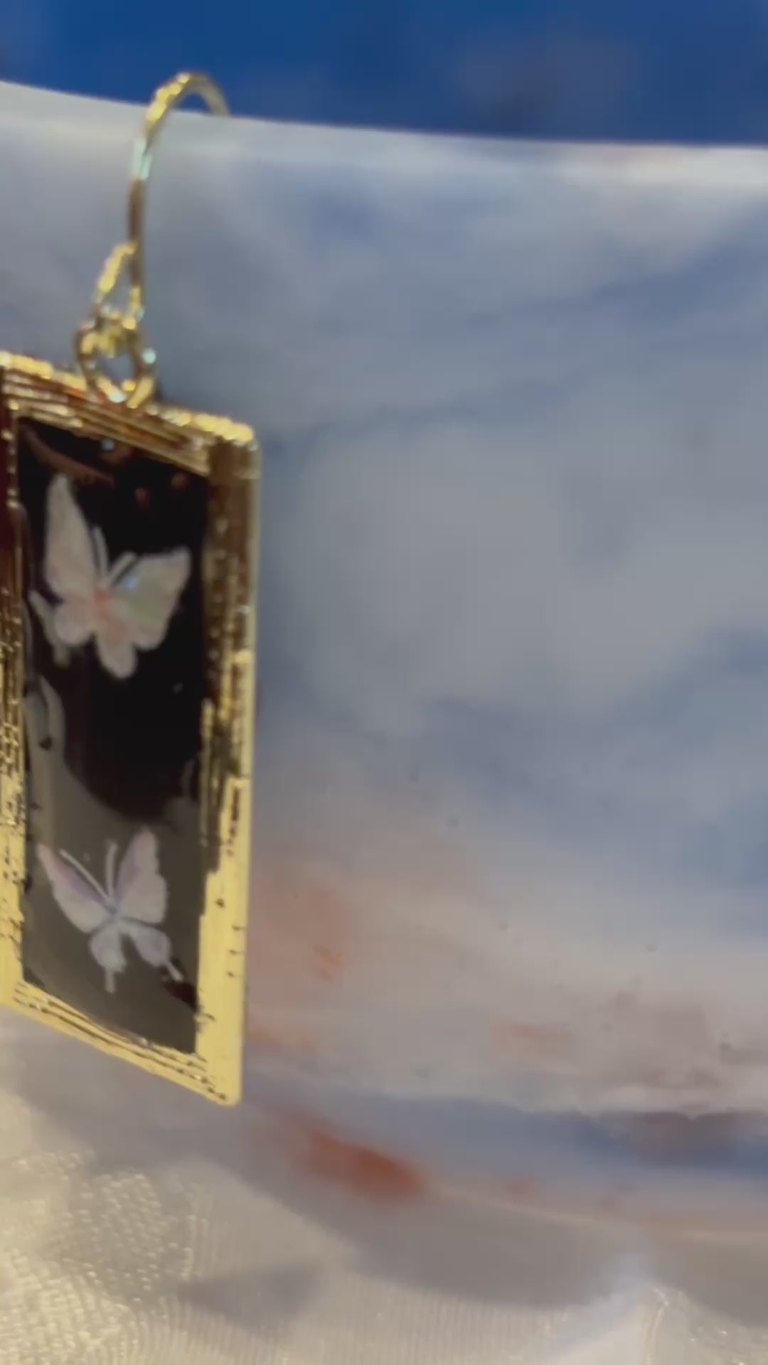 Iridescent Butterfly Dangle Earrings, Black Resin Butterfly Jewelry, Gold Frame Rectangle Earrings, Nature Inspired Statement Earrings