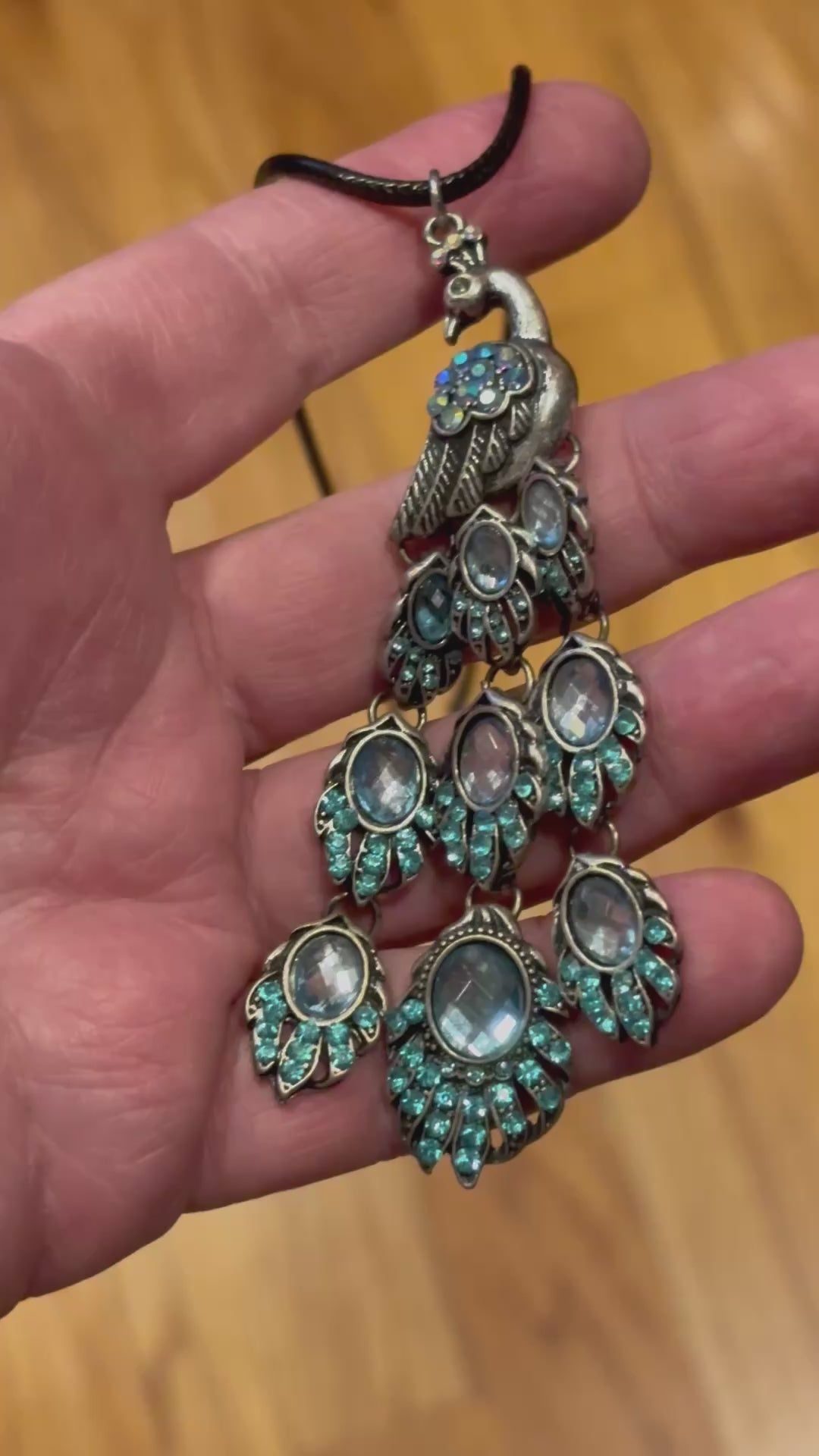 Faceted Peacock Pendant Necklace Blue Crystal Antique Silver Statement Jewelry