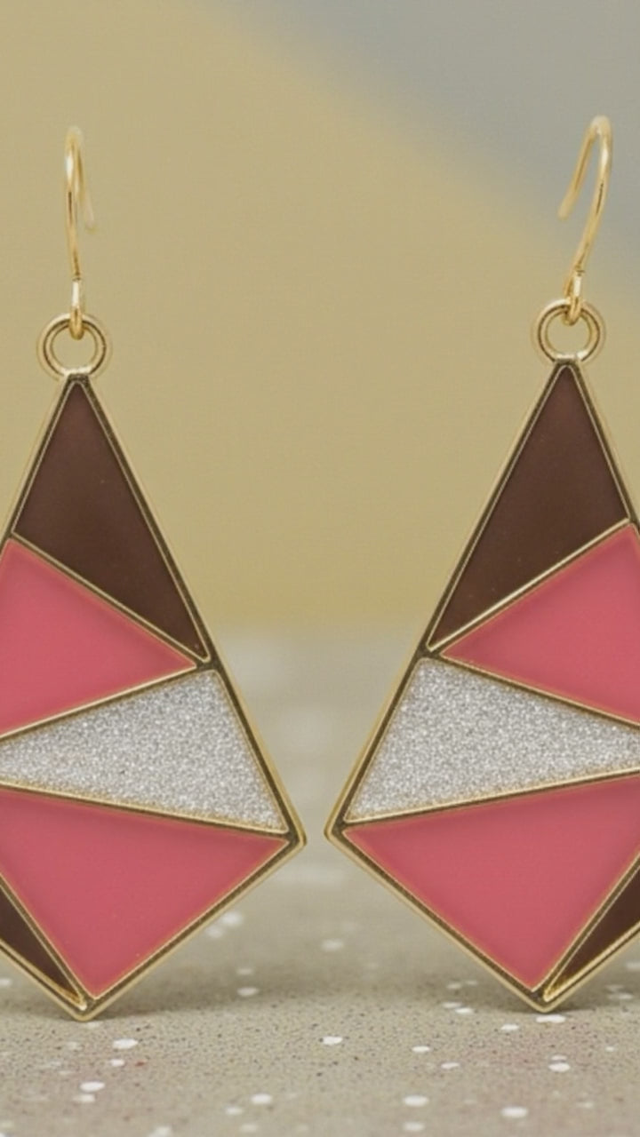 Coral and Soft Black Geometric Earrings – Gold Art Deco Statement Dangles