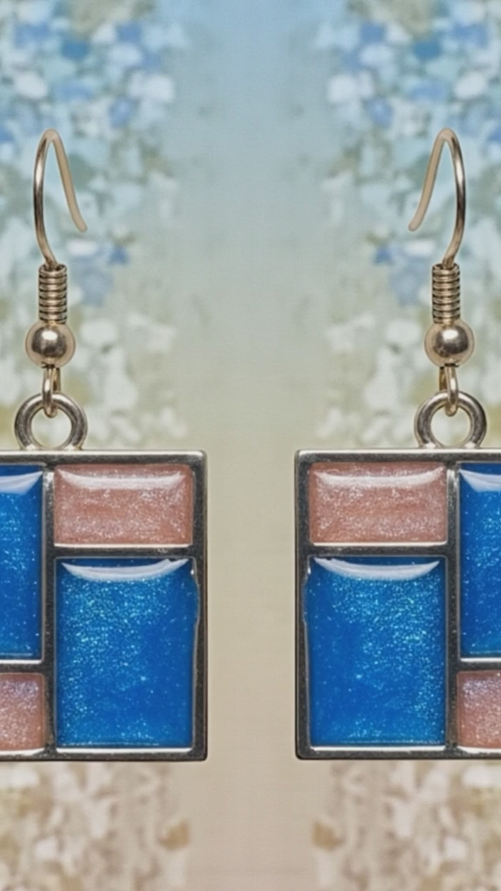 Geometric Resin Earrings, Blue and Blush Block Dangle Earrings, Modern Abstract Resin Jewelry, Lightweight Handmade Earrings