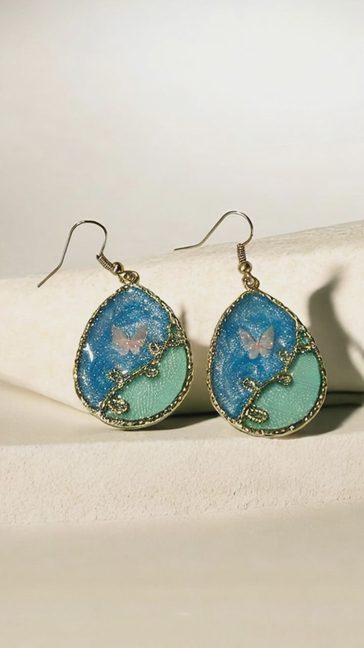 Gold Butterfly Teardrop Dangle Earrings, Shimmery Blue & Green Resin Earrings, Fairycore Cottagecore Jewelry
