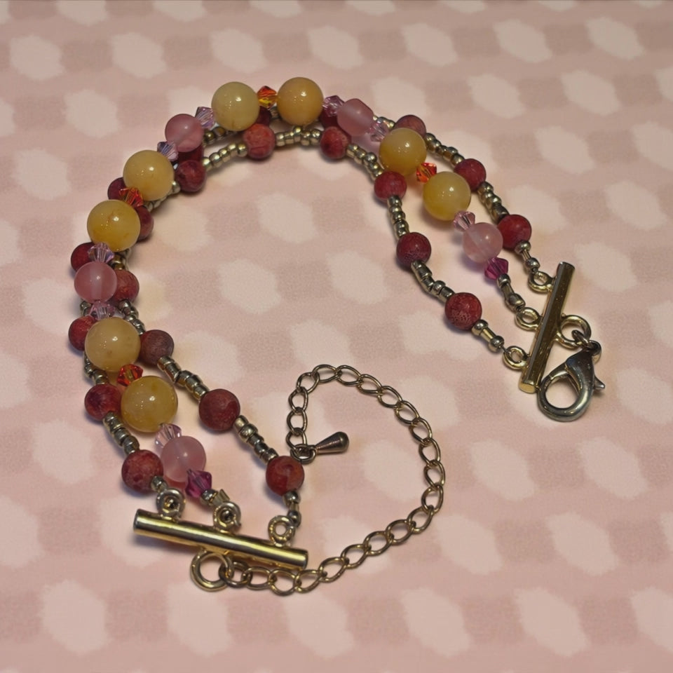 Sponge Coral & Quartz Bracelet 7.25”, Triple Strand Beaded Bracelet with Austrian Crystals, Warm Sunset Jewelry